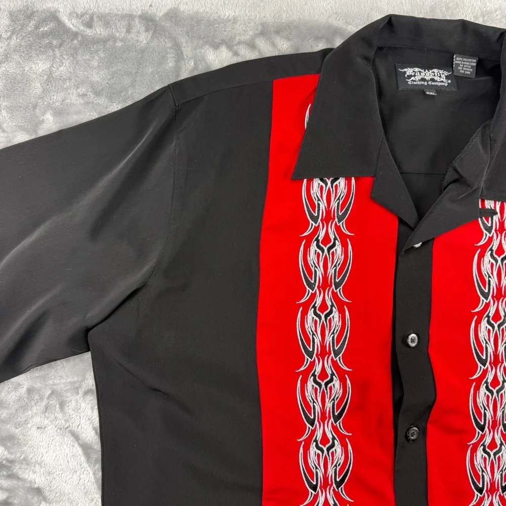 Vintage Dragonfly Clothing Co Tribal Flame Bowling Shirt Black Red XXL Y2K Biker